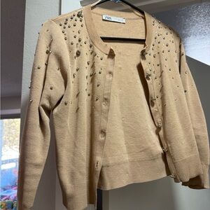 Zara Women's Beige Cardigan with Beaded Accents